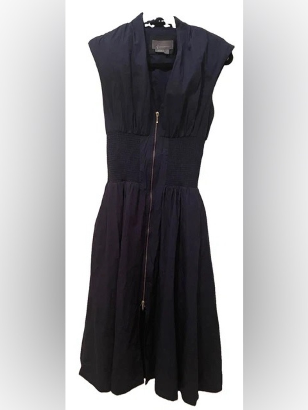 Sleeveless Navy Midi Dress with Front Zip and Smocked Waist